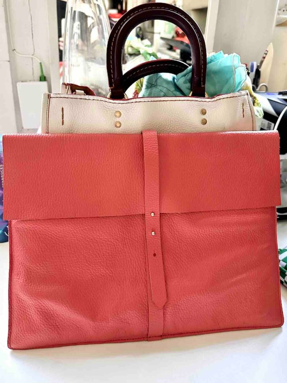 Beautiful CUYANA pebbled leather Laptop Document Flap Sleeve gold hardware Coral